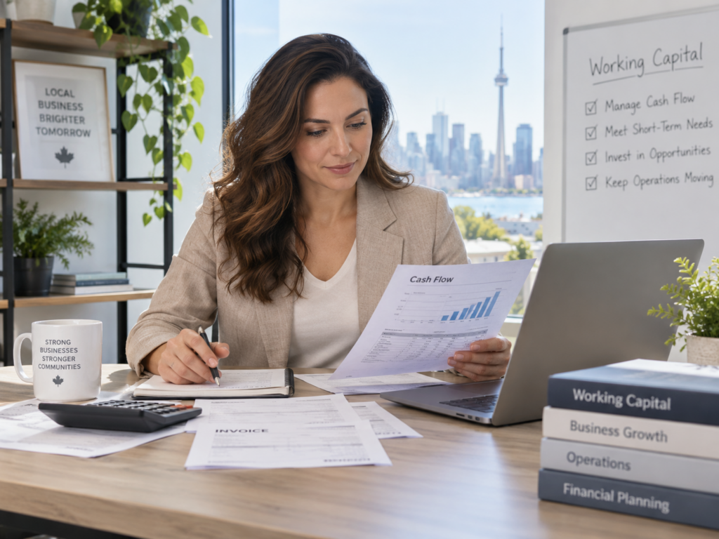 Business owner reviewing cash flow, invoices and working capital needs in a modern office.
