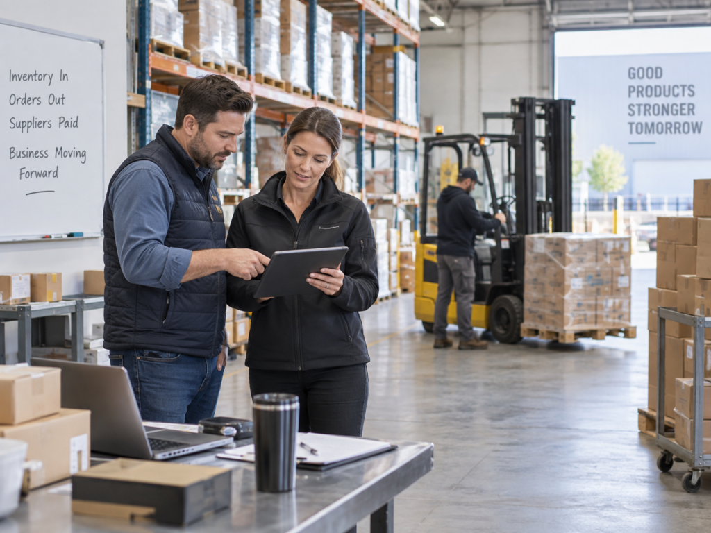 Warehouse team reviewing inventory and supplier operations with stocked shelves and material-handling equipment.