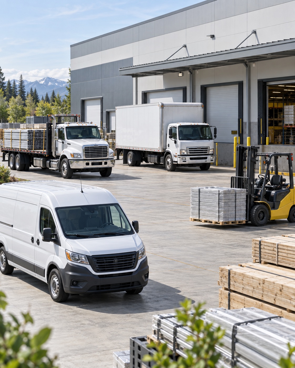 Commercial work trucks, a service van and a forklift expanding operations at a modern warehouse.