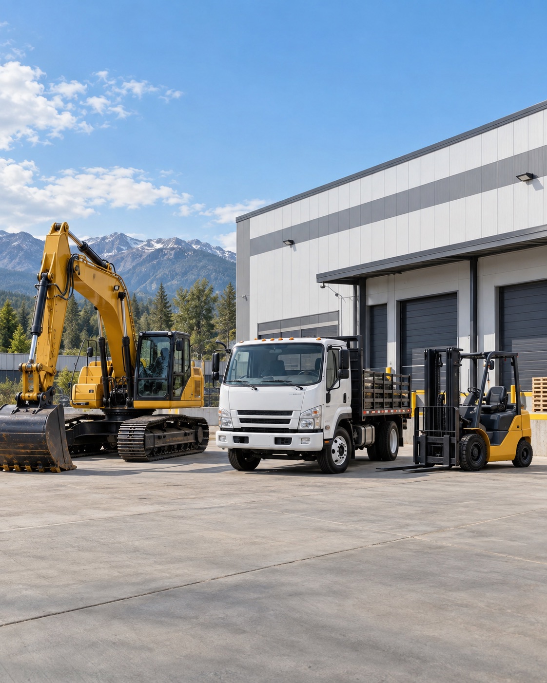 Yellow excavator, commercial truck and forklift outside a modern industrial facility.
